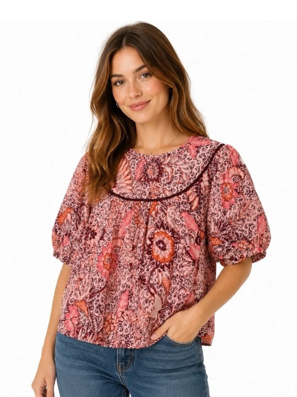 Madewell Boho Bali Blooms Yoked Puff-Sleeve Top